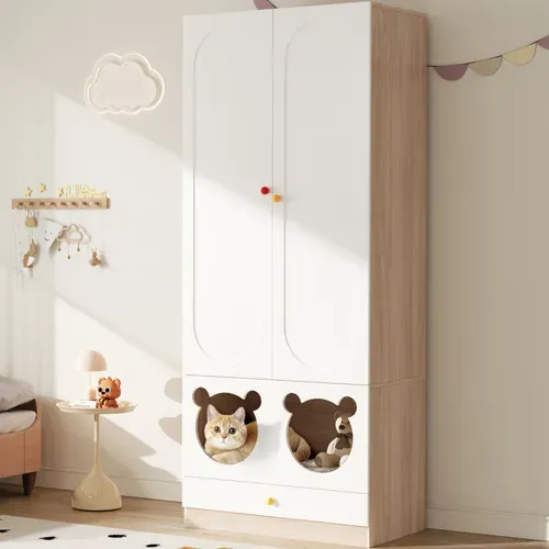 Armoire Enfant Avec 3 Portes Et Penderie Blanc + Imitation Chêne