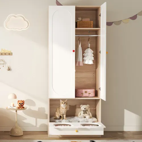 Armoire Enfant Avec 3 Portes Et Penderie Blanc + Imitation Chêne
