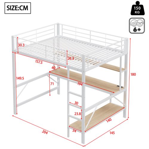 Lit Mezzanine 140x200cm Avec LED, Bureau Et Étagère En Métal Blanc