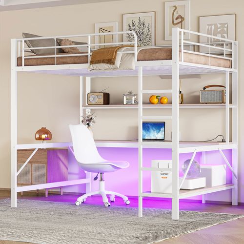 Lit Mezzanine 140x200cm Avec LED, Bureau Et Étagère En Métal Blanc