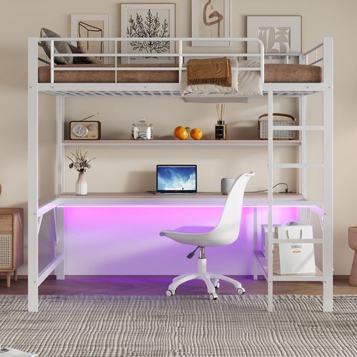 Lit Mezzanine 140x200cm Avec LED, Bureau Et Étagère En Métal Blanc