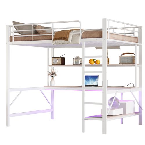 Lit Mezzanine 140x200cm Avec LED, Bureau Et Étagère En Métal Blanc