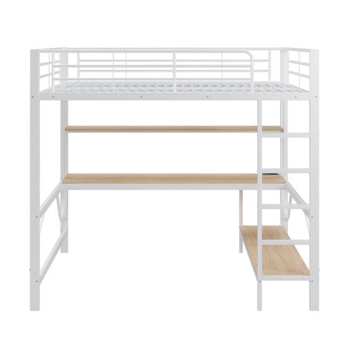 Lit Mezzanine 140x200cm Avec LED, Bureau Et Étagère En Métal Blanc