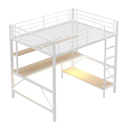 Lit Mezzanine 140x200cm Avec LED, Bureau Et Étagère En Métal Blanc