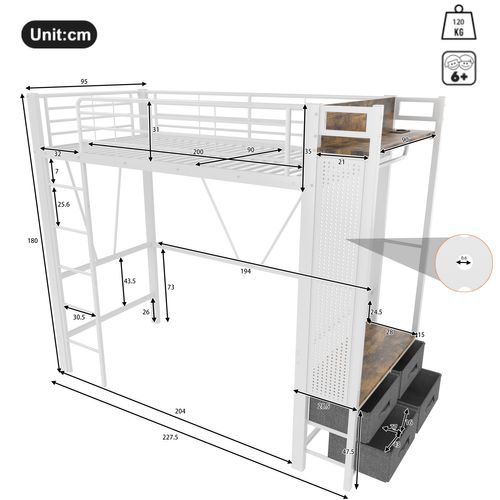 Lit Mezzanine 90x200cm Avec LED, USB, Étagère Et Portant En Métal Blanc