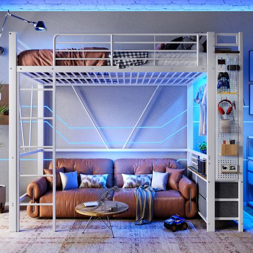 Lit Mezzanine 90x200cm Avec LED, USB, Étagère Et Portant En Métal Blanc