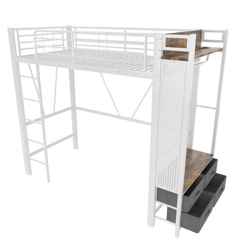 Lit Mezzanine 90x200cm Avec LED, USB, Étagère Et Portant En Métal Blanc