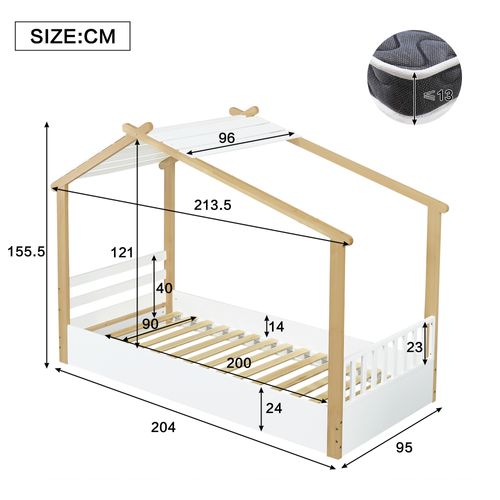 Lit Cabane 90x200cm Avec Sommier à Lattes Et Toit Blanc + Imitation Chêne