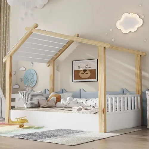 Lit Cabane 90x200cm Avec Sommier à Lattes Et Toit Blanc + Imitation Chêne
