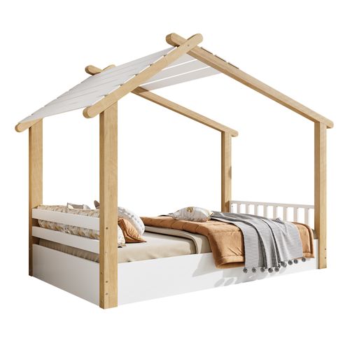 Lit Cabane 90x200cm Avec Sommier à Lattes Et Toit Blanc + Imitation Chêne