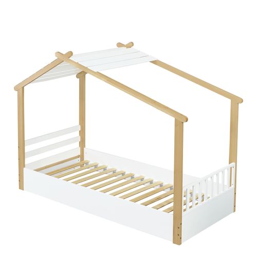 Lit Cabane 90x200cm Avec Sommier à Lattes Et Toit Blanc + Imitation Chêne