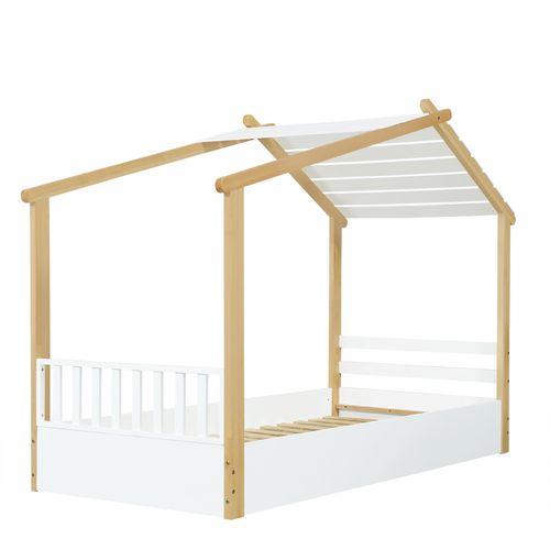 Lit Cabane 90x200cm Avec Sommier à Lattes Et Toit Blanc + Imitation Chêne