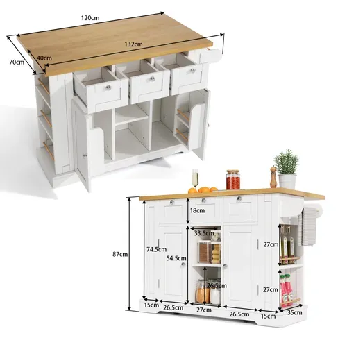 Ilot Central Cuisine Comptoir Avec 3 Tiroirs, 2 Portes Et Bureau Pliable Blanc