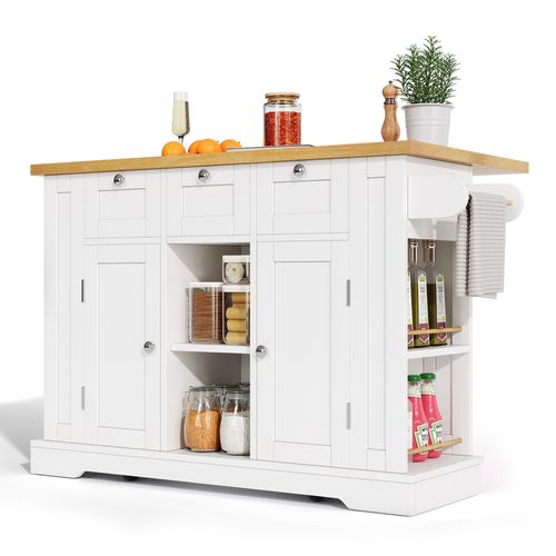 Ilot Central Cuisine Comptoir Avec 3 Tiroirs, 2 Portes Et Bureau Pliable Blanc