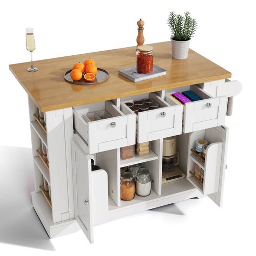 Ilot Central Cuisine Comptoir Avec 3 Tiroirs, 2 Portes Et Bureau Pliable Blanc