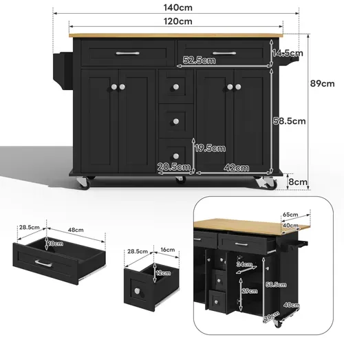 Ilot Central Cuisine Comptoir Avec 5 Tiroirs, 4 Portes Et Bureau Pliable Noir