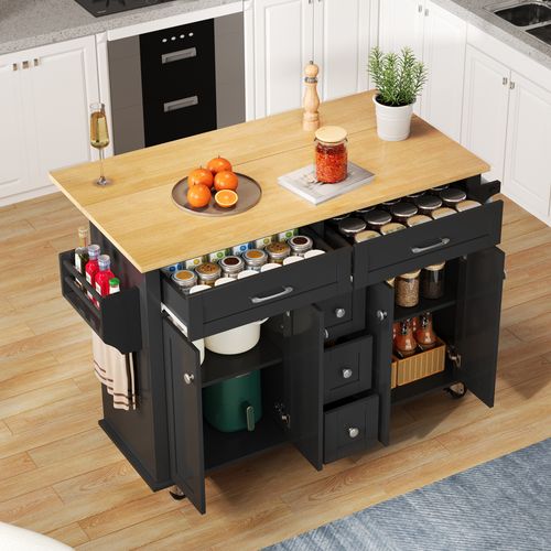Ilot Central Cuisine Comptoir Avec 5 Tiroirs, 4 Portes Et Bureau Pliable Noir