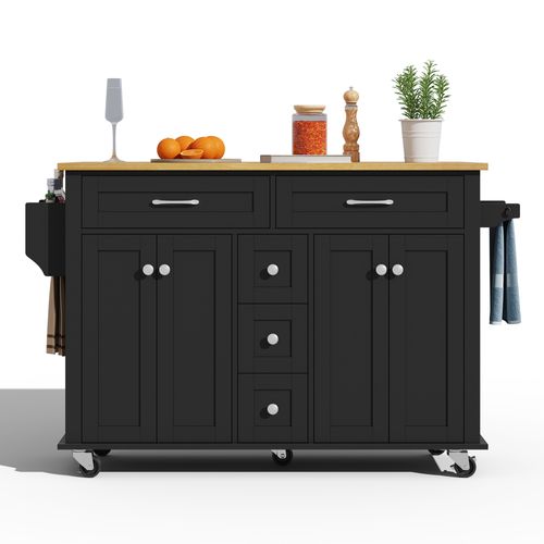 Ilot Central Cuisine Comptoir Avec 5 Tiroirs, 4 Portes Et Bureau Pliable Noir