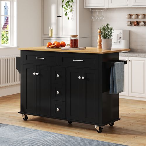 Ilot Central Cuisine Comptoir Avec 5 Tiroirs, 4 Portes Et Bureau Pliable Noir