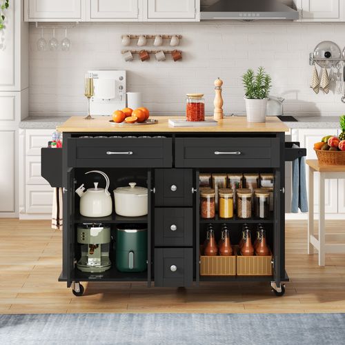 Ilot Central Cuisine Comptoir Avec 5 Tiroirs, 4 Portes Et Bureau Pliable Noir