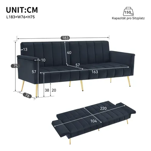 Canapé 2 Places Convertible Velours Noir