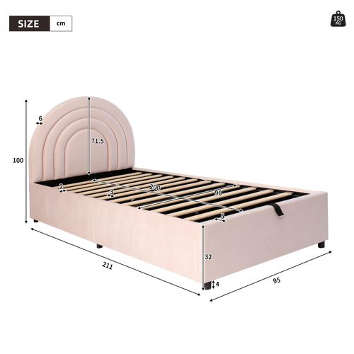 Lit Enfant Coffre 90 X 200cm Avec Sommier À Lattes Et Tête De Lit Velours Rose