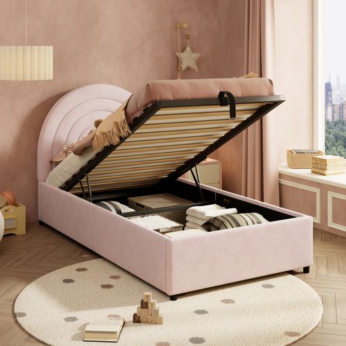 Lit Enfant Coffre 90 X 200cm Avec Sommier À Lattes Et Tête De Lit Velours Rose