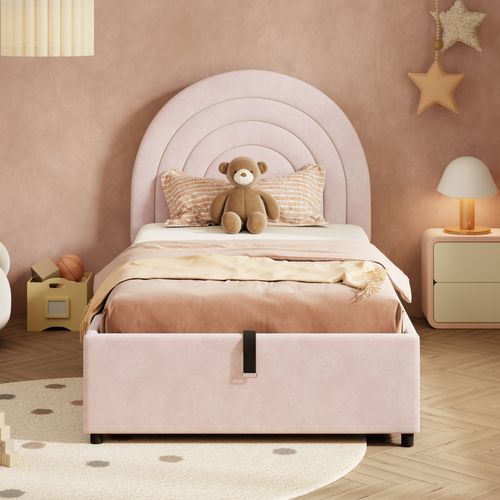 Lit Enfant Coffre 90 X 200cm Avec Sommier À Lattes Et Tête De Lit Velours Rose