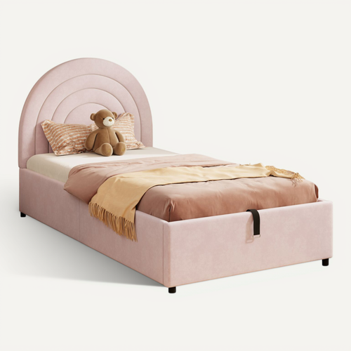 Lit Enfant Coffre 90 X 200cm Avec Sommier À Lattes Et Tête De Lit Velours Rose