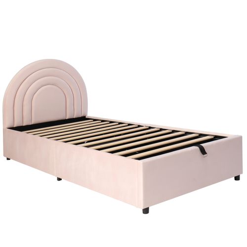 Lit Enfant Coffre 90 X 200cm Avec Sommier À Lattes Et Tête De Lit Velours Rose