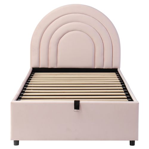 Lit Enfant Coffre 90 X 200cm Avec Sommier À Lattes Et Tête De Lit Velours Rose