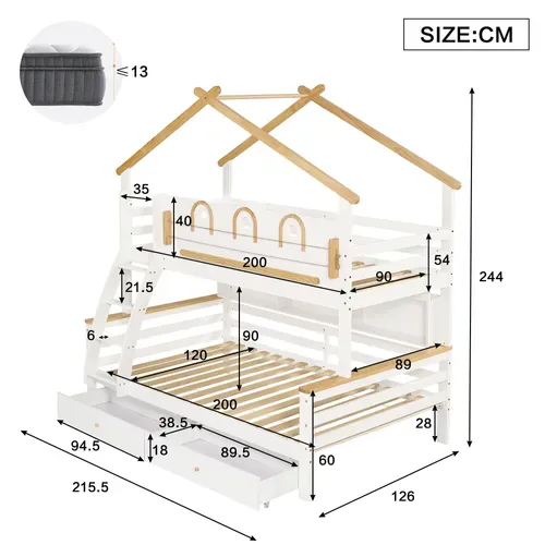 Lit Superposé Cabane 90x200cm + 120x200cm avec 2 Tiroirs Et Étagère Blanc + Imitation Chêne