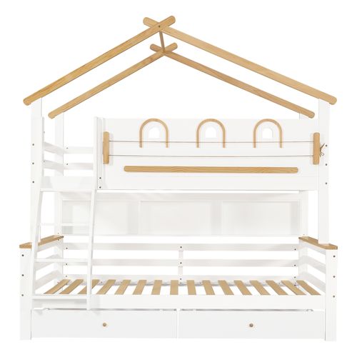 Lit Superposé Cabane 90x200cm + 120x200cm avec 2 Tiroirs Et Étagère Blanc + Imitation Chêne