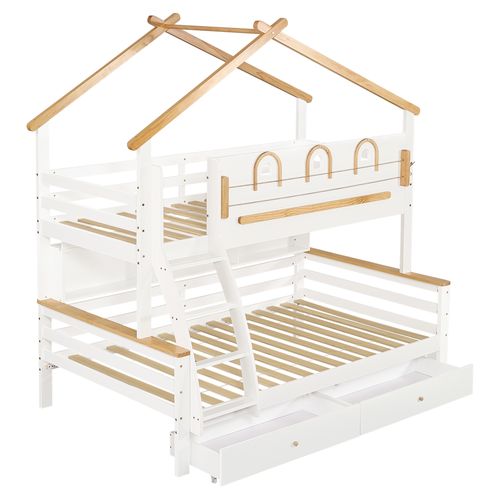 Lit Superposé Cabane 90x200cm + 120x200cm avec 2 Tiroirs Et Étagère Blanc + Imitation Chêne
