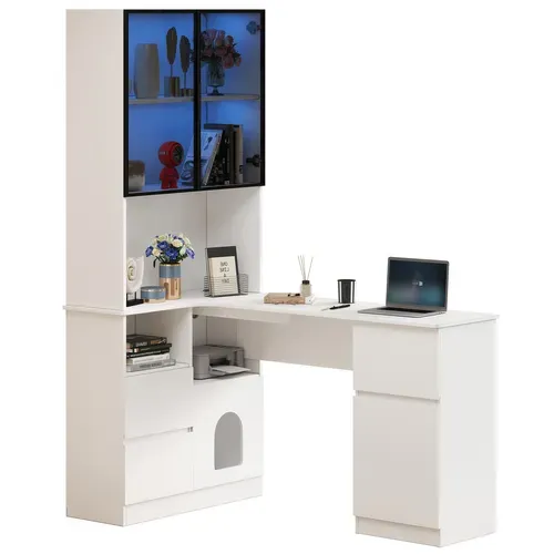 Bureau Angle Avec 3 Étagères, 3 Tiroirs Et 2 Portes Blanc