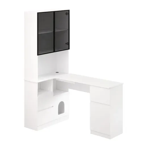 Bureau Angle Avec 3 Étagères, 3 Tiroirs Et 2 Portes Blanc