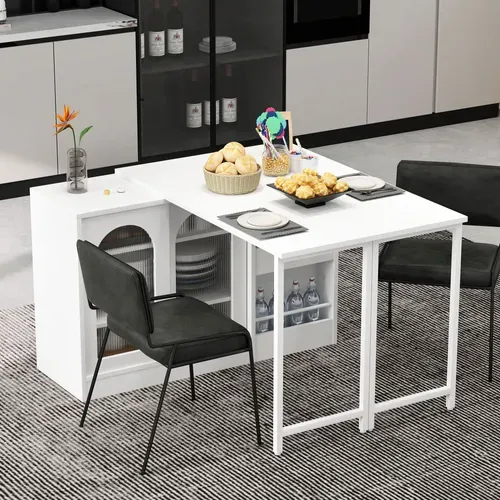 Ilot Central Cuisine Comptoir Avec Table Rotative Et Rétractable à 360° Et Portes Coulissantes Blanc