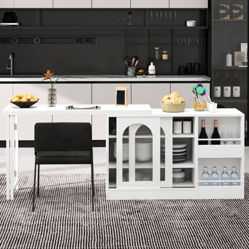 Ilot Central Cuisine Comptoir Avec Table Rotative Et Rétractable à 360° Et Portes Coulissantes Blanc