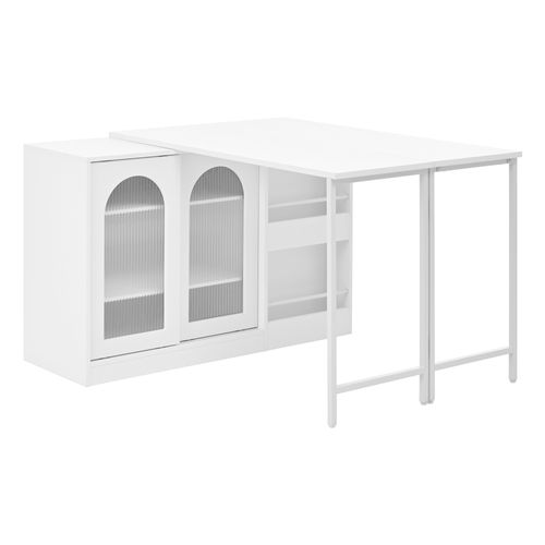 Ilot Central Cuisine Comptoir Avec Table Rotative Et Rétractable à 360° Et Portes Coulissantes Blanc
