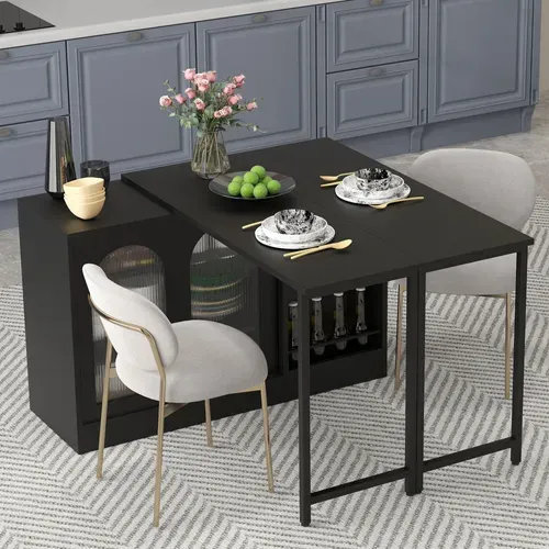 Ilot Central Cuisine Comptoir Avec Table Rotative Et Rétractable à 360° Et Portes Coulissantes Noir