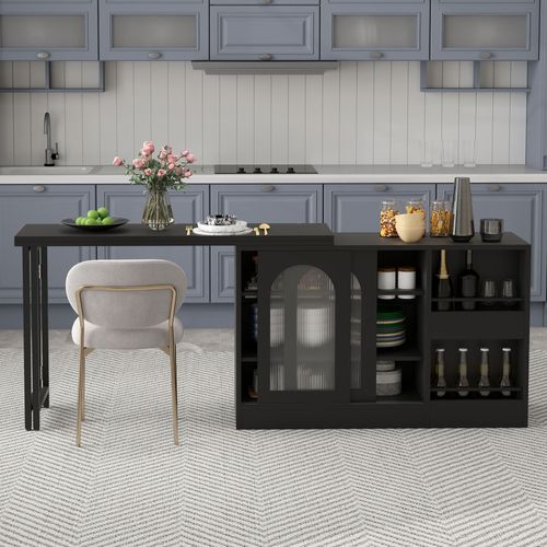 Ilot Central Cuisine Comptoir Avec Table Rotative Et Rétractable à 360° Et Portes Coulissantes Noir