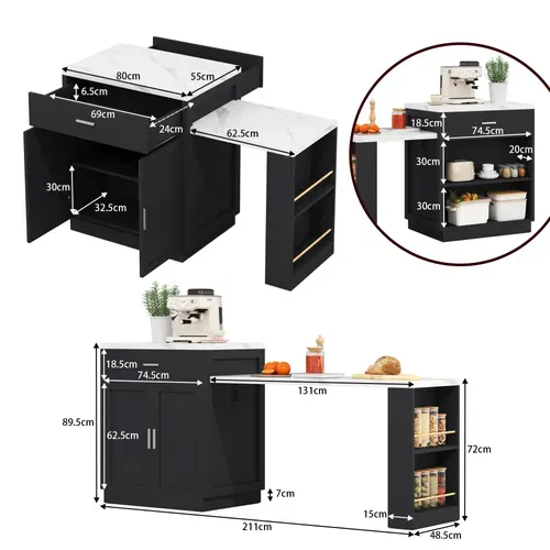 Ilot Central Cuisine Comptoir Avec Plateau Rétractable, 2 Tiroirs Et 2 Portes Noir