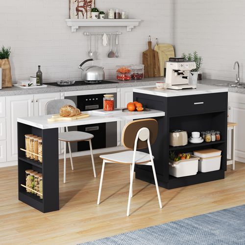 Ilot Central Cuisine Comptoir Avec Plateau Rétractable, 2 Tiroirs Et 2 Portes Noir
