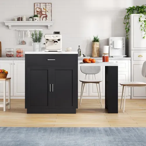 Ilot Central Cuisine Comptoir Avec Plateau Rétractable, 2 Tiroirs Et 2 Portes Noir