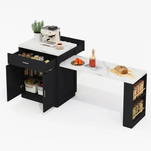 Ilot Central Cuisine Comptoir Avec Plateau Rétractable, 2 Tiroirs Et 2 Portes Noir