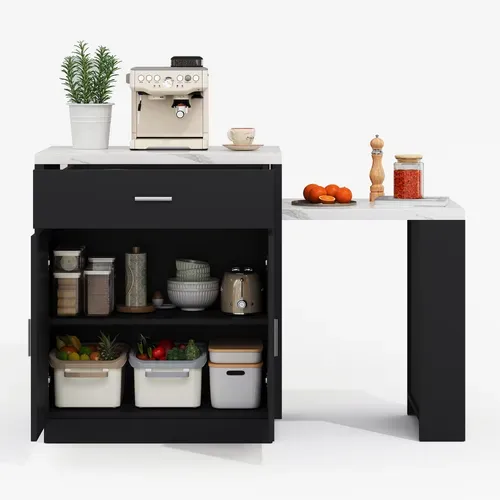 Ilot Central Cuisine Comptoir Avec Plateau Rétractable, 2 Tiroirs Et 2 Portes Noir
