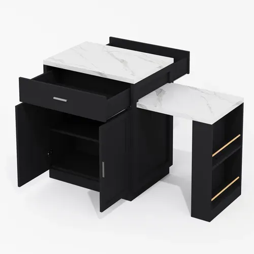 Ilot Central Cuisine Comptoir Avec Plateau Rétractable, 2 Tiroirs Et 2 Portes Noir