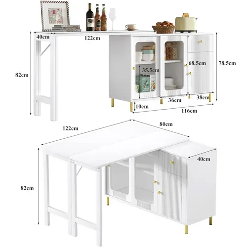 Ilot Central Cuisine Comptoir Avec Table Rotative Et Rétractable à 360° Et Portes Coulissantes Blanc