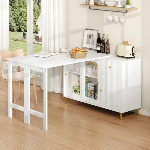 Ilot Central Cuisine Comptoir Avec Table Rotative Et Rétractable à 360° Et Portes Coulissantes Blanc
