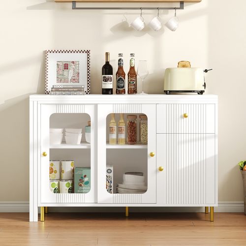 Ilot Central Cuisine Comptoir Avec Table Rotative Et Rétractable à 360° Et Portes Coulissantes Blanc